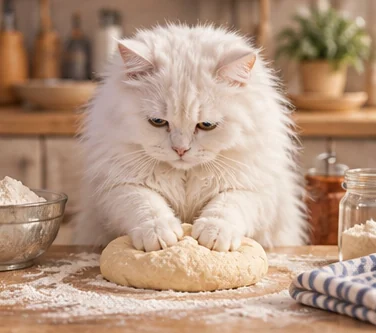 A fluffy white cat kneading dough on a flour-dusted kitchen counter.