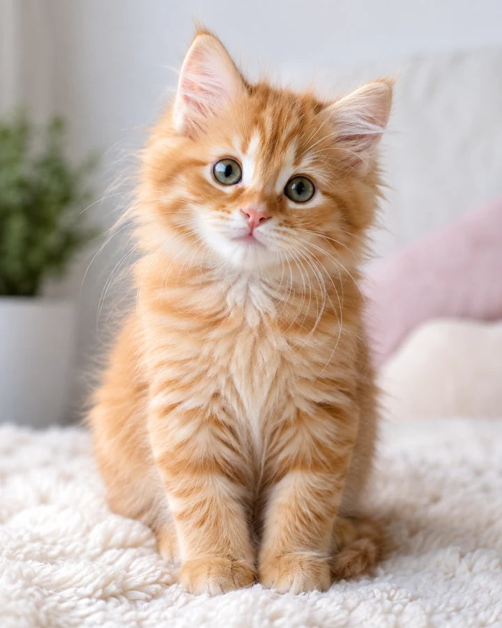 A fluffy orange kitten sitting upright on a cream blanket in a softly lit room.