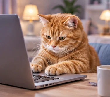 A ginger cat with its paws on a laptop keyboard in a cozy office.
