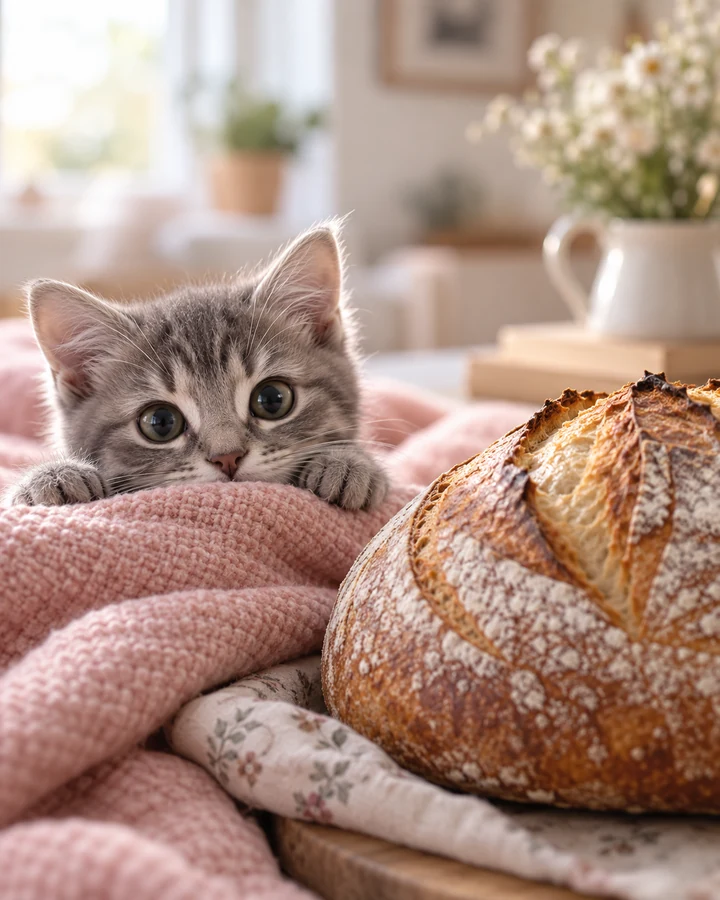 A gray tabby kitten peeking from pink blankets beside a round loaf of crusty bread.