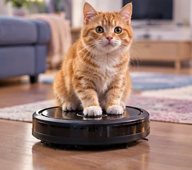 An orange cat sitting proudly on a round robot vacuum in a living room.